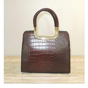 Dark Brown Croc Textured Top Handle Bag